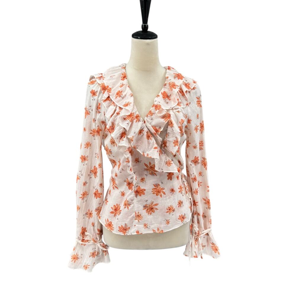 Free People Amanda Ruffle Long Sleeve Top Orange Ivory Floral Print Cotton Top